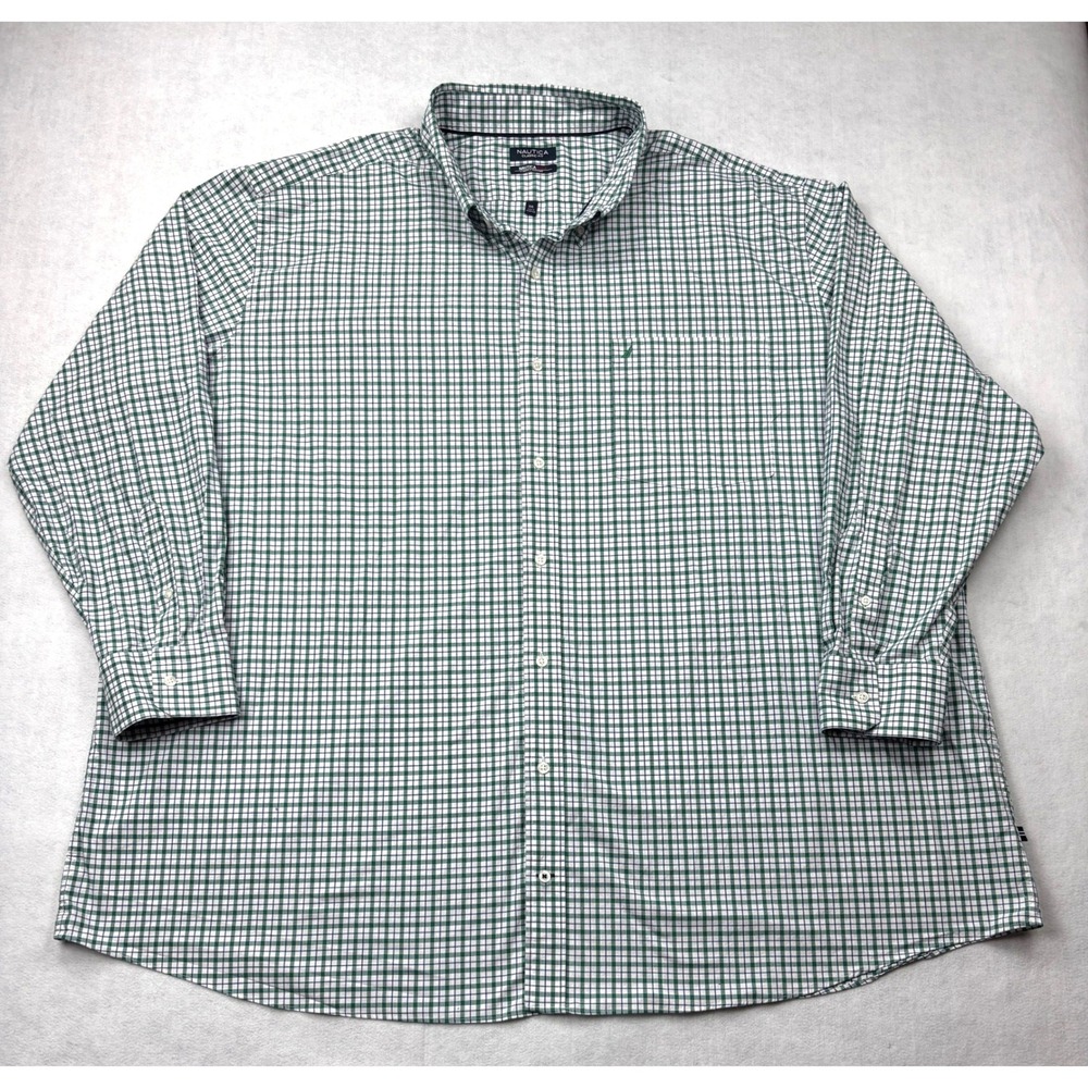 Nautica Flex Mens 5XL Green White Plaid Button Down Shirt Classic Fit M93303